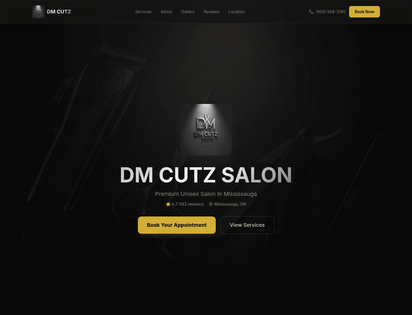 DM Cutz Salon homepage — Book Now, 4.7 from 142 reviews, and Book Your Appointment