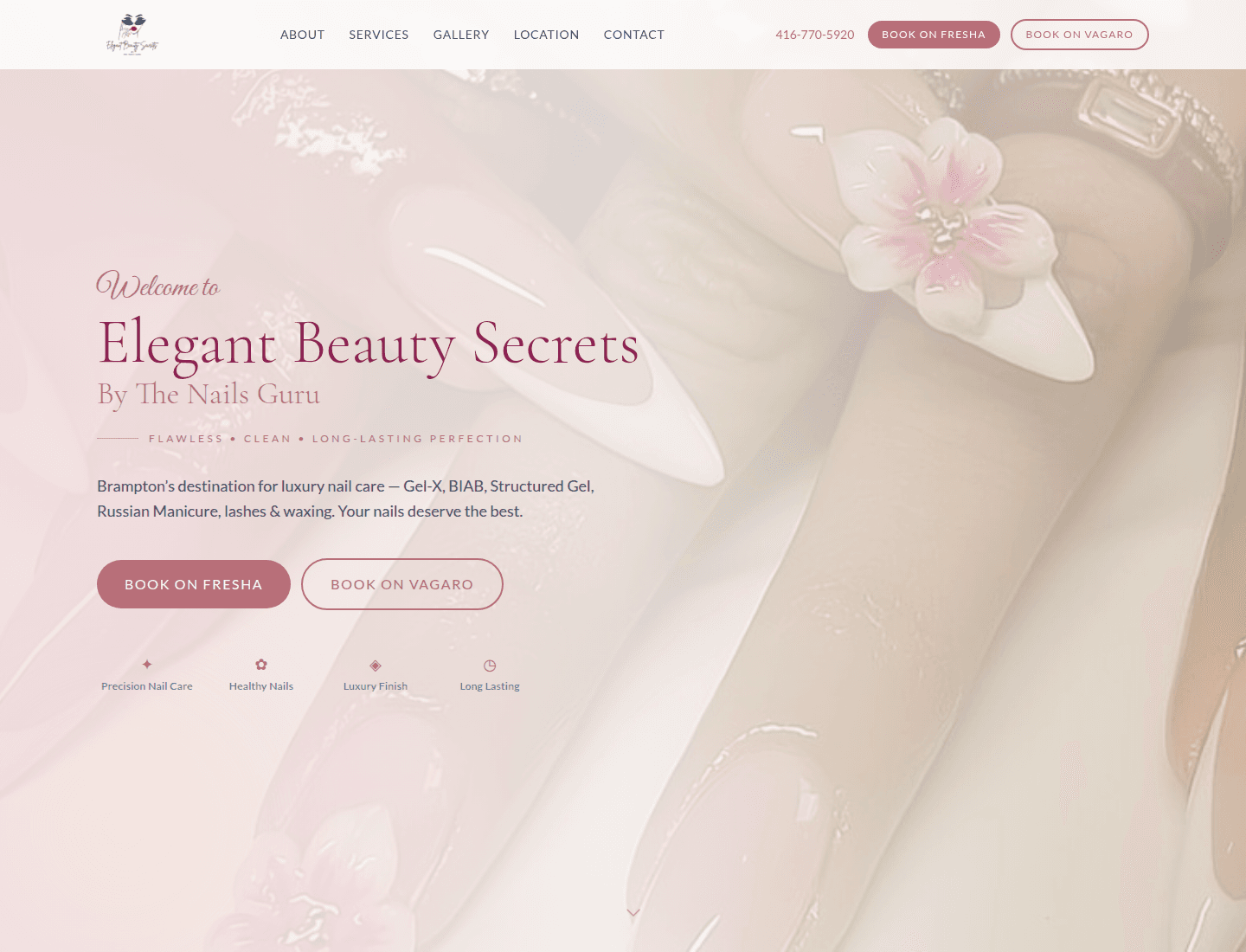 Sample nail salon homepage — services intro with booking CTAs