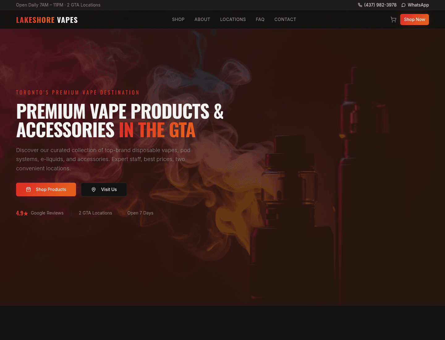 Sample vape store homepage — product-led hero with Shop Products and Visit Us